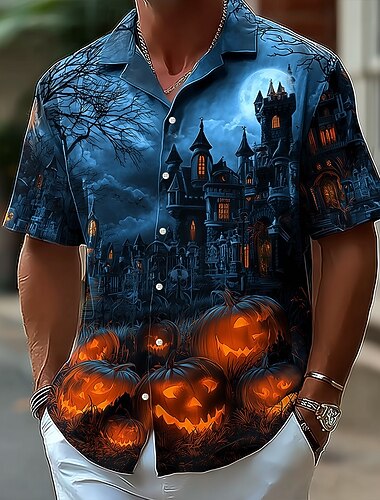  Halloween Ανδρικά Κολοκύθα Νεκροταφείο Κοστούμια Halloween Πουκάμισο Κουβανέζικο πουκάμισο Πουκάμισο με κουμπιά Κοντομάνικο Σκοτεινό Πανκ Γοτθικό Αργίες Streetwear Καλοκαίρι Πουκάμισο Camp Collar 3D