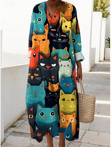  Per donna Abito Midi Vestito Estivo Abito a Tubino Vacanza Casual Spiaggia Uscire Spiaggia Vestibilità comoda Grafico Animale Manica Lunga Scollo a V Nero Bianco Verde Estate Primavera Autunno