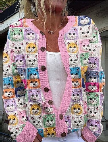  Per donna Felpa Cardigan Moda Streetwear Quotidiano Animale A Coste Aperto davanti Lavorato a maglia Stampato Manica Lunga Top Regolari Maglia Ferie Uscire Weekend Nero Bianco Autunno Inverno