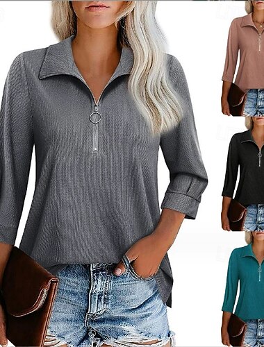  Per donna Blusa con texture Maglietta Semplice Moda Moderno Manica Corta Colletto a Camicia Top Regolari Quotidiano Cerniera Nero Verde Grigio Estate