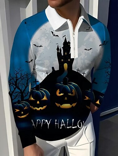  Halloween Pánské Dýně Hrad Pólo Dlouhý rukáv Přehnutý Běžné Denní Tmavá Sporty a outdoor Běžné / Denní Festival Zip 3D tisk Jaro Podzim Zima Tiffany tyrkysová