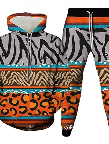  Herre Grafisk 2stk 3D sweatshirt sæt Træningsdragt Hættetrøje Langærmet Lange bukser Hætte Afslappet Hverdag atletiktøj 3D-udskrivning Forår Efterår Vinter Orange Rød Rødkælkeæg Blå