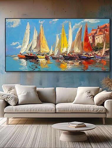  ミントゥラの手作りボート風景油絵キャンバスモダンウォールアート装飾抽象ドック画像ホームデコレーション用ロールドフレームレス未延伸絵画