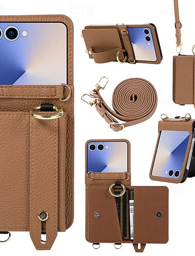  telefon Kılıf Na Samsung Galaxy Z Flip 7 Z Odwróć 6 Z Flip 5 Z Flip 4 Osłona tylna ze smyczą Stopka Gniazdo karty Retro TPU Skóra PU