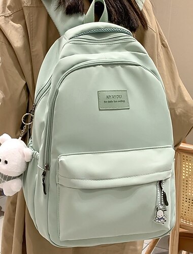  Zaino scolastico verde chiaro da donna con simpatico portachiavi a forma di orsetto di peluche, zaino impermeabile multitasche di grande capacità per ragazze adolescenti, università e uso quotidiano