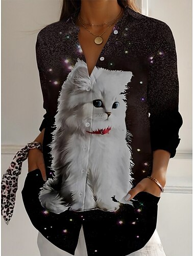  Per donna Camicia Gatto Attivo Quotidiano Elegante Manica Lunga Colletto a Camicia Top Regolari Quotidiano Ferie Bottoni Stampato Nero Grigio Primavera Autunno