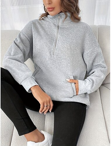  Per donna Felpa Pullover Semplice Casual Manica Lunga Dolcevita Top Regolari Streetwear Abbigliamento Quotidiano Patchwork Cerniera Nero Fucsia Grigio scuro Beige Grigio Autunno Inverno