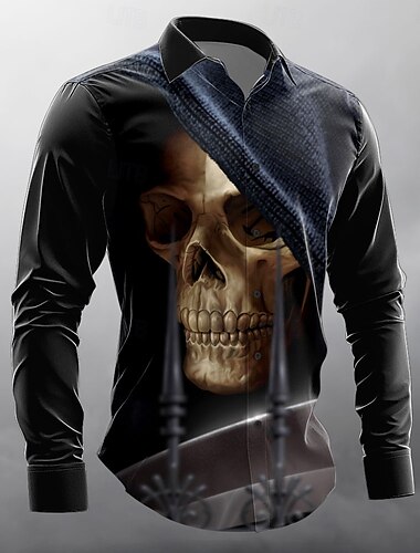  Camicia da uomo a maniche lunghe con bottoni e teschio "Reaper" di Tom Wood, edizione limitata dell'artista.