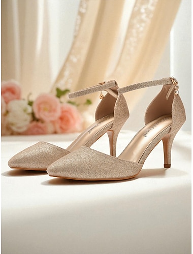  Escarpins à bride cheville pailletés dorés pour femmes - chaussures élégantes à bout pointu pour cocktails et soirées