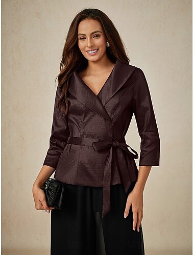  Per donna Blusa Top da sera Elegante Metallico Moderno Manica 3/4 Scollo a V Top Regolari Ospite di nozze Festa serale Semi-Formale Nodo frontale Marrone Primavera, Autunno, Inverno, Estate