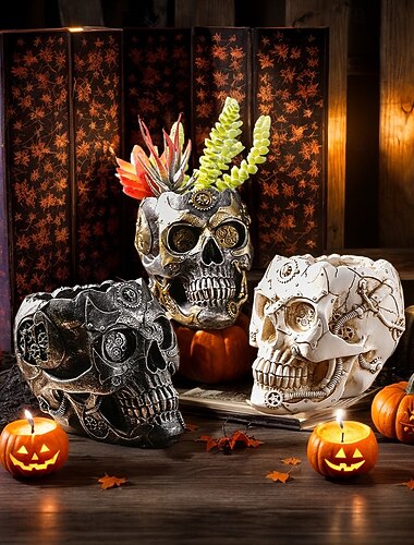  ハロウィンスケルトンプランター樹脂像装飾、パンクスタイルの機械式スカルヘッドフラワーベース、自宅、パティオ、ハロウィンパーティーディスプレイ用の白いヴィンテージ樹脂ゴシック装飾