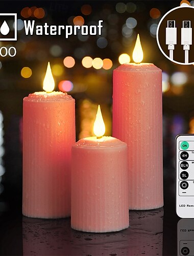  3/4/6/9 peças de velas eletrônicas cilíndricas de carregamento de halloween e natal, controle remoto, temporizador, ambiente interno e externo, decoração para festa de casamento, luz roxa e rosa