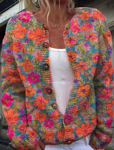  Dam Tröja Kofta Mode Streetwear Dagligen Blommig Ribbad Öppen front Stickat Mönster Långärmad Crop Tops Sticka Helgdag Utekväll Helgen Gul Blå Höst Vinter