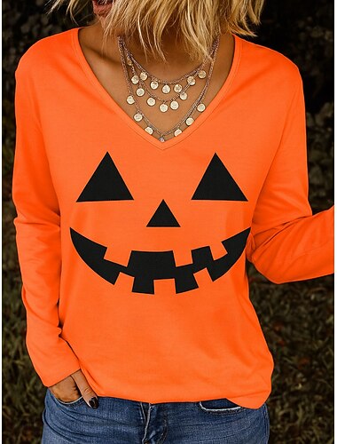  Halloween Γυναικείο T Shirt V Neck Μακρυμάνικο Τοπάκι Γραφικό Halloween Κομψό Vintage Στυλάτο Κανονικά Τοπ Ημερήσια Έξοδος Σαββατοκύριακο Εκτύπωση Μπλε Μωβ Πορτοκαλί Πράσινο Άνοιξη Φθινόπωρο
