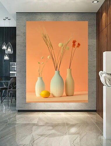  grande tela artistica senza cornice - design moderno con vaso color pesca e verde per un'elegante decorazione murale e una splendida decorazione d'interni in soggiorni e camere da letto