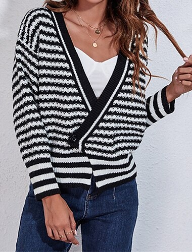  Women's Cardigan Casual Striped Chunky V Neck Knitted Long Sleeve Regular Tops Knit Daily Holiday Going out Black Fall Winter