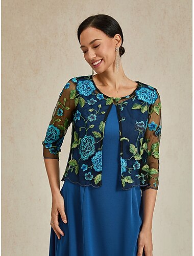  Cardigan da donna in pizzo ricamato elegante basic casual floreale formale corto girocollo vestibilità ampia manica a 3/4 capospalla blu navy estate primavera