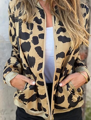  Per donna Giacca Casual Caldo Confortevole Cerniera Tasca Moda All'aperto Leopardo Uscire Weekend Cerniera Regolare Collo alla coreana Vestibilità regolare Manica Lunga Capispalla Giallo Autunno