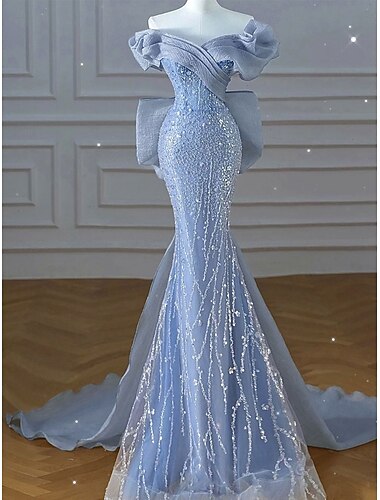  Robe de fête sirène  trompette bleue élégante robe mariage invitée de mariage traîne sweeper  bush sans manches épaules dénudées tulle avec sequins nœud