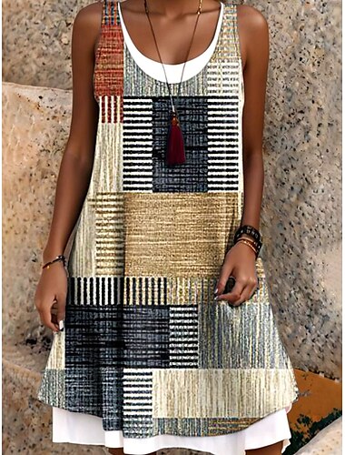  Femmes Mini Robe Robe T-Shirt Robe d'Été Robe trapèze Vacances Occasionnel Boho Quotidien Coupe Ample Graphique Géométrique Plaid Sans manches Col ras du cou Kaki Été Printemps Automne