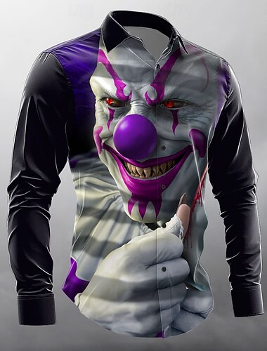  Pánské Klaun Smajlík Halloweenské kostýmy Košile Košile na knoflíky Dlouhý rukáv Temný punk gotický Dovolená Streetwear Léto Jaro Přehnutý 3D tisk košile s límečkem Fialová