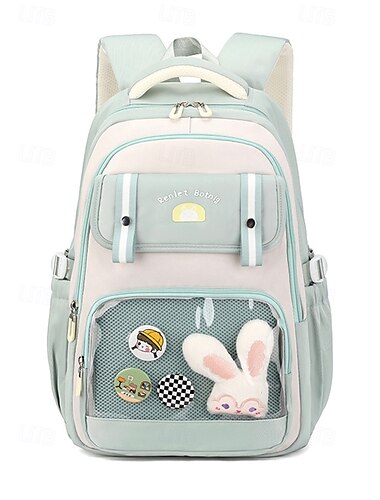  Girl's Large Capacity Lightweight Waterproof Backpack with Clear Front Pocket and Cute Bunny Pin - Cute Travel Bag for School, College and Weekend Trips