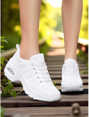  Women's White Breathable Flyknit Sneakers – Lightweight Air-Cushion Walking Shoes for Fitness, Travel and Daily Wear