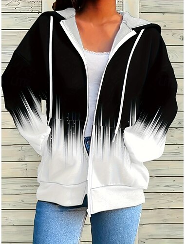  Dames Hooded Sweatshirt Jacket Lange Mouwen Zip Up Hoodie Met Zak Lichtgewicht Casual Grafisch Geometrisch Gestreept Tops Straat Dagelijks Gebruik Zak Print Zwart Fuchsia Lente Herfst