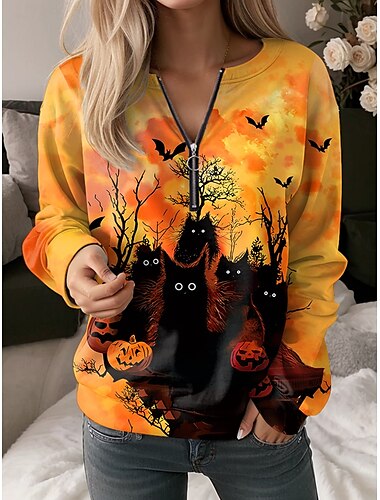  ハロウィン レディース ジップアップ スウェットシャツ グラフィック パンプキン カジュアル 長袖 クルーネック レギュラー トップス ストリート デイリーウェア ハーフジップ プリント ブラック イエロー オレンジ 秋 冬