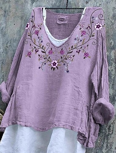  Per donna Maglietta Floreale Moda Moderno Manica Lunga Scollo a V Top Regolari Quotidiano Uscire Stampato Viola Beige Primavera Autunno