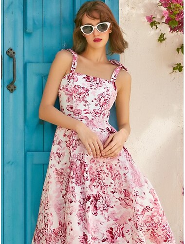  1950-tallet Retro / vintage Rockabilly Middag Swing skjørt Flare kjole Spaghetti stropp Blomstret Kostyme Dame Karneval Feriereise Dagligdagstøy Te Fest Voksne Kjole Vår sommer