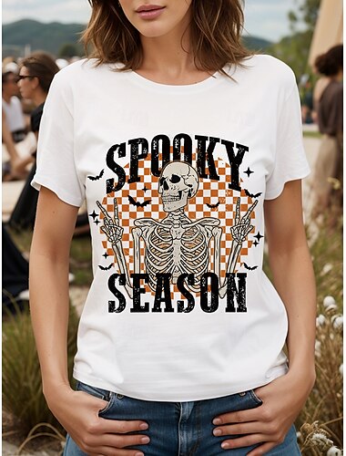 Halloween Per donna Maglietta Grafico Teschio Gatto Vintage Elegante Classico Manica Corta Girocollo Top Regolari Quotidiano Weekend Stampato Bianco / Nero Nero Bianco Giallo Rosa Estate Autunno