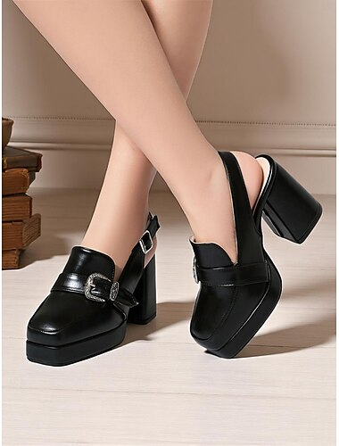  Zwarte slingback platform loafers voor dames - schoenen met dikke hak en western gesp voor op kantoor, feestjes en vintage-geïnspireerde outfits