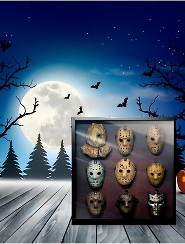  Kolekce masek Jasona Voorheese z pátku 13. v rámečku Shadow Box, dekorace z pátku 13., sběratelské hororové masky, 9dílná, zarámovaná