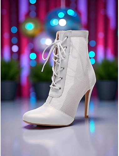  Women's White Mesh Lace-Up Disco Dance Boots - Retro High Heel Ankle Boots for Vintage Party & Clubwear