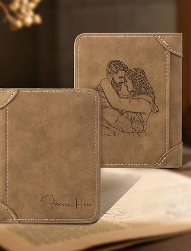  Cartera personalizada con foto grabada, el mejor regalo para hombres, billetera plegable vintage de cuero marrón o azul, billetera con foto personalizada para esposo, papá, cumpleaños, día del padre,