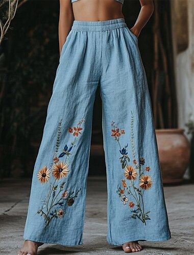  Women's Wide Leg Pants Trousers Palazzo Pants Fashion Boho Full Length High Waist Flower Elastic Waist Print Breathability Comfortable Street Daily Wear Going out Blue Spring Fall Regular Fit
