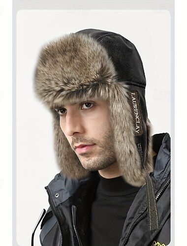  1 gorro de trampero a prueba de viento, grueso y resistente al frío, con protección para los oídos y ribete de piel sintética, color negro & marrón