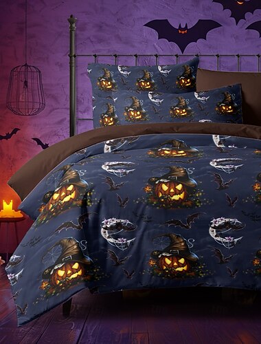  Halloween-påslakanset, halloweenmönster av Sarah Richter, bäddset i 3 delar med dragkedja, mjukt och lätt, dekoration till sovrummet, juldekoration