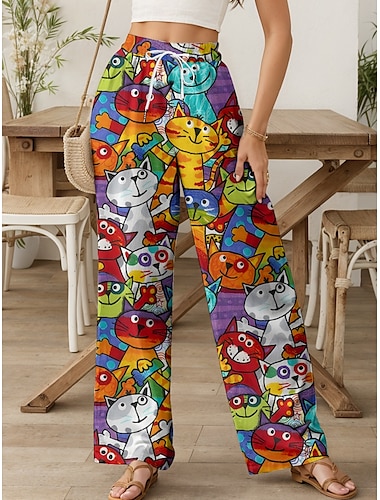  Per donna Gamba larga Chinos Pantaloni Larghi Vacanza Vintage Moda Lunghezza intera Vita Alta Grafico Animale Gatto Stampa Morbido Traspirante Micro-elastico Formale All'aperto Vacanza Giallo Rosso