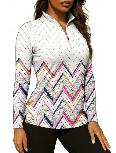  Damen Geometrisch Shirt Sporthemd Golf-Poloshirt Tennis Shirt Langarm Reißverschluss Blumen UPF50+ UV-beständig Hohe Elastizität Feuchtigkeitsableitend Atmungsaktiv Tennis Golfspiel Pickleball