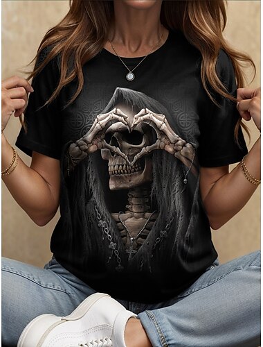  Halloween Mulheres Camiseta Floral Gráfico Caveiras Vintage à moda Clássico Manga Curta Gola Redonda Decote Redondo Tops regulares Diário Final de semana Imprimir Branco e Preto Preto Amarelo