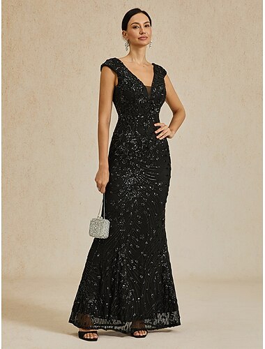  Damen Maxikleid Trompeten- Meerjungfrauenkleid Elegant Party Formell Party Abendgesellschaft Normale Passform Einfarbig Ärmellos V Ausschnitt Schwarz Frühling Herbst Winter