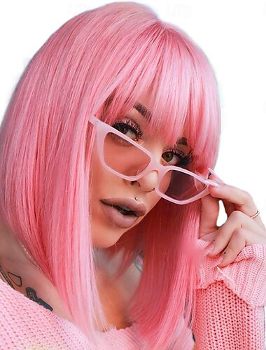  Prosta biała peruka z grzywką 12 cali krótka biała peruka typu bob dla kobiet syntetyczna kolorowa peruka na imprezę cosplay