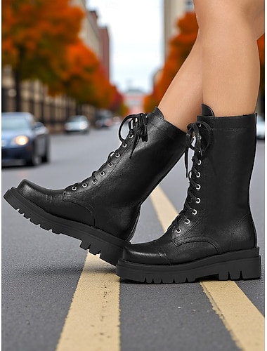  Bottes de combat à lacets en similicuir noir pour femme – Bottes mi-mollet style militaire à semelle épaisse pour l'automne et l'hiver, style streetwear, sorties décontractées, mode urbaine
