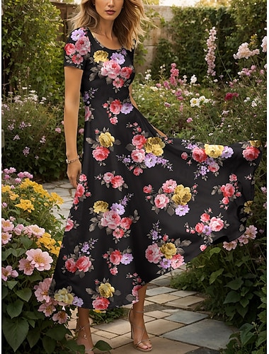  Per donna Abito maxi Abito a Maglia Vestito Casual Abito a trapezio Abito Estivo Elegante Vacanza Casual Vestibilità regolare Floreale Grafico Manica Corta Collo quadrato Scollo Tondo Nero Giallo