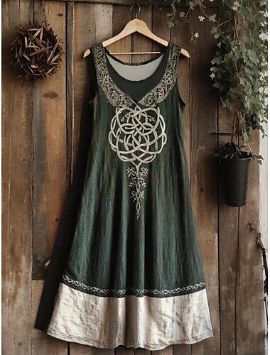  Abito midi da donna con motivo albero della vita Merkabah, estivo, a trapezio, per vacanza, casual, boho, matrimonio, festa, uscita, vestibilità standard, floreale, grafico, foglia, senza maniche,