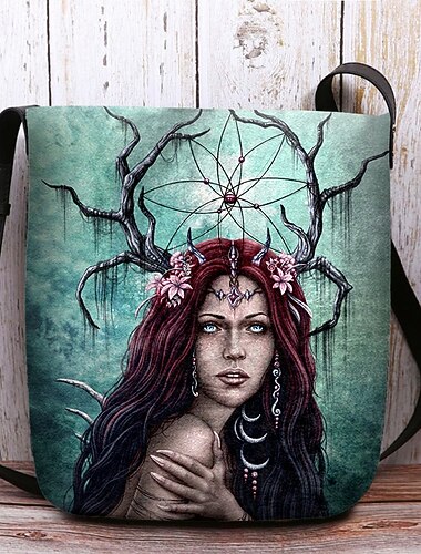  Dámská gotická halloweenská crossbody kabelka od Sarah Richter – kabelka přes rameno s potiskem strašidelné panenky nebo čarodějnice na strašidelné kostýmní večírky a festivaly