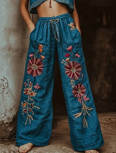  Women's Wide Leg Pants Trousers Palazzo Pants Casual Boho Full Length High Waist Flower Elastic Waist Drawstring Print Breathability Comfortable Street Daily Wear Going out Blue Spring Fall Regular