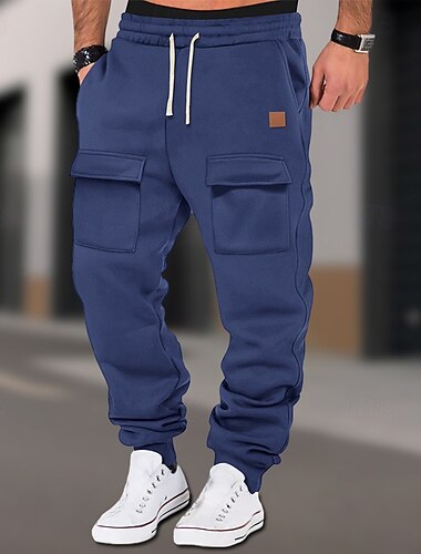  Herren Jogginghose Hose Cargo-Jogginghose Freizeithose Elastischer Bund Kordelzug Mehrere Taschen Einfarbig Komfort Volle Länge Outdoor Täglich Laufen Urlaub Einfach Schwarz Blau Dehnbar